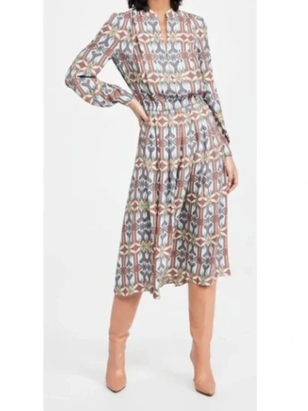 Tory Burch Garden Maze Geometric Print Pleated Shirt Dress